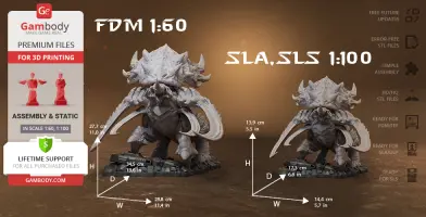 3D model of a StarCraft Ultralisk, showcasing FDM and SLA/SLS printing sizes and details.