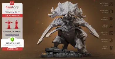A 3D printed StarCraft Ultralisk model with armored plating and large tusks, showcased on a base.