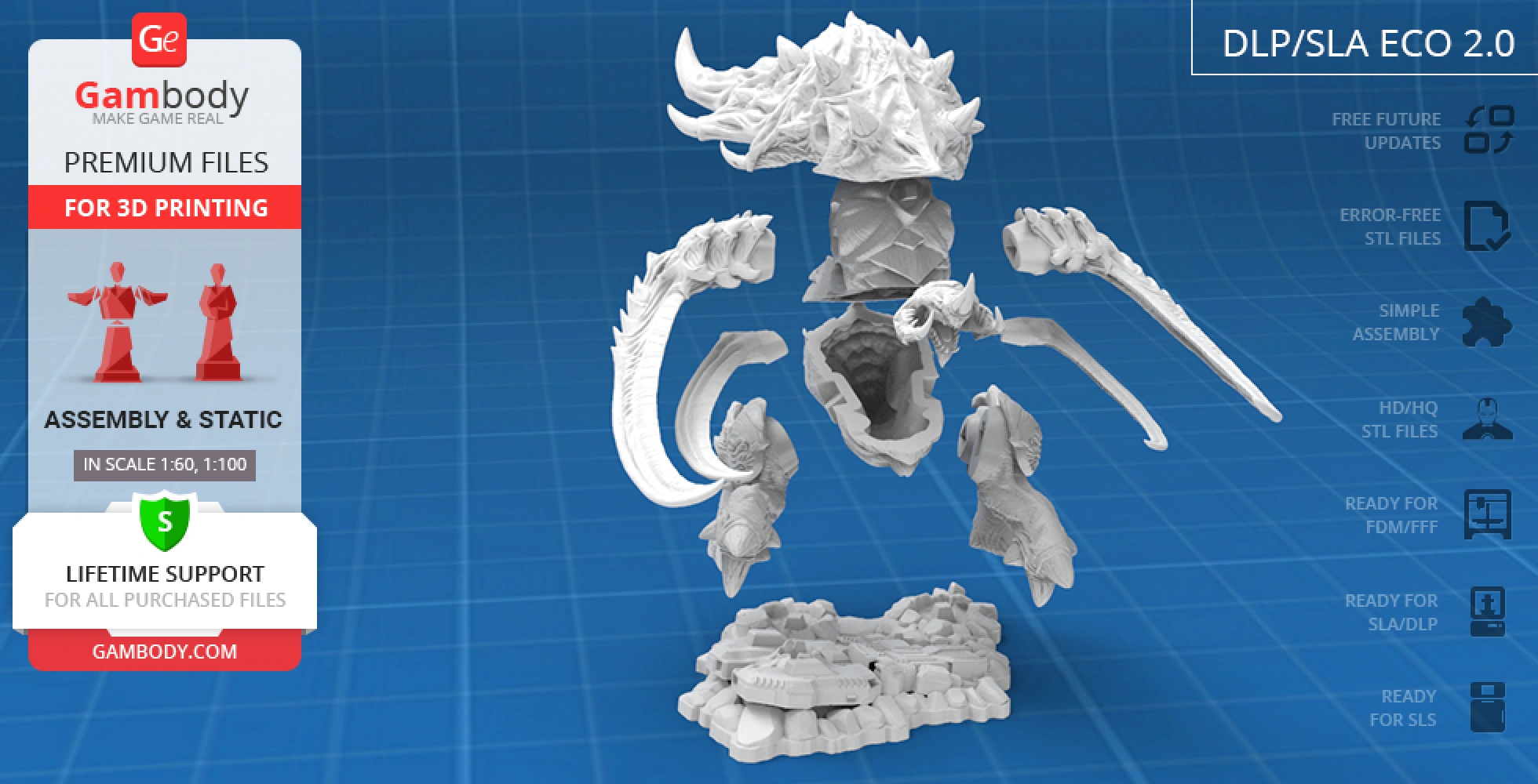 Detailed 3D model parts of a StarCraft Ultralisk for assembly and 3D printing, displayed on a blue grid.