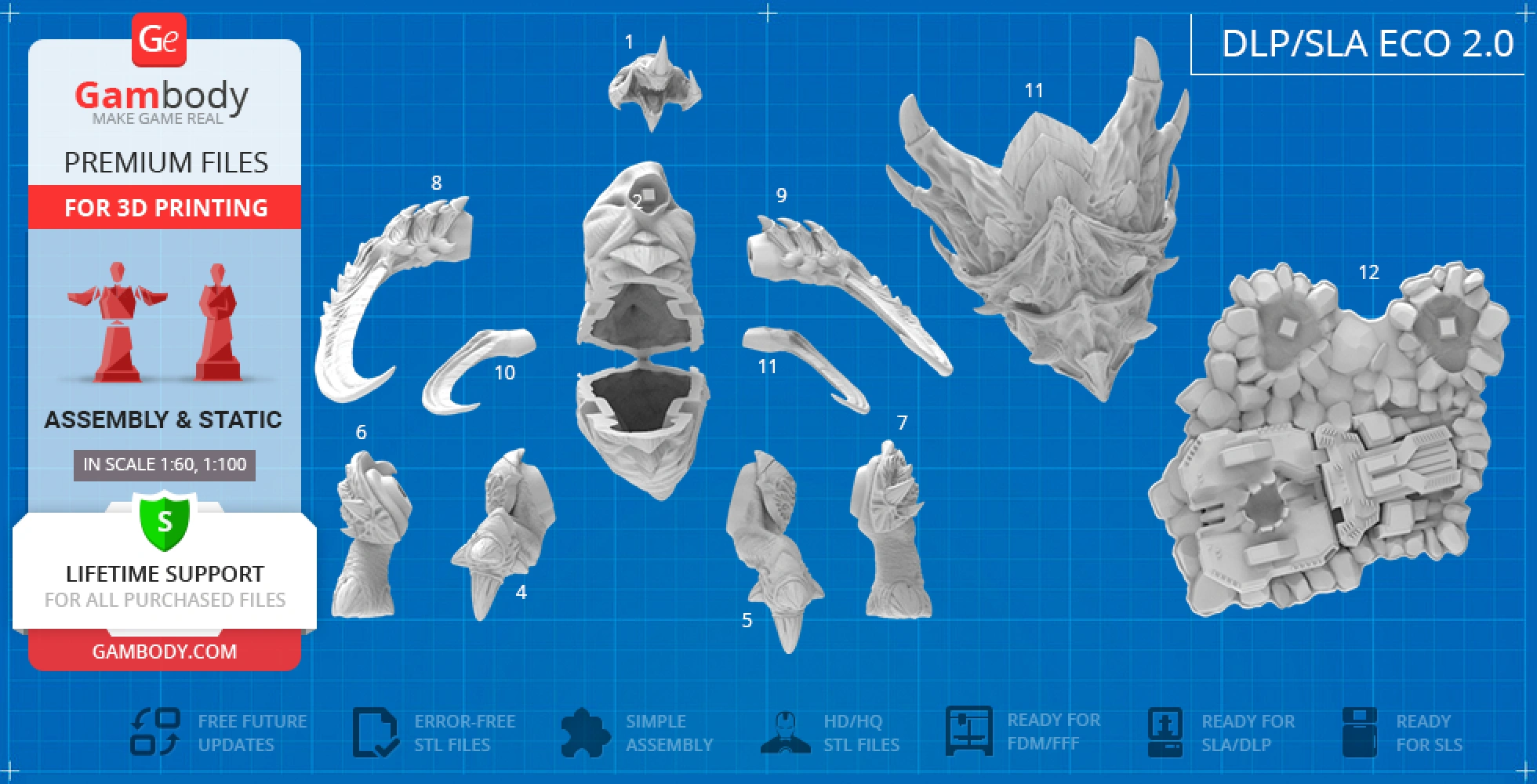 3D model parts of a StarCraft Ultralisk for assembly, displayed on a blueprint background.