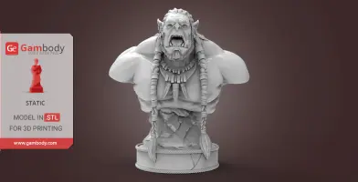 3D printed bust of an armored orc with braids and a tribal necklace, designed for display.