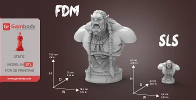 Orc bust model with detailed braids and beads, available in FDM and SLS formats for 3D printing.
