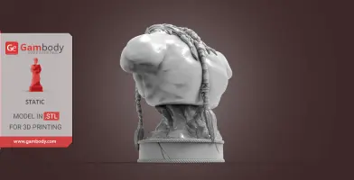 3D printed bust of a muscular figure with braids, displayed on a rounded base.