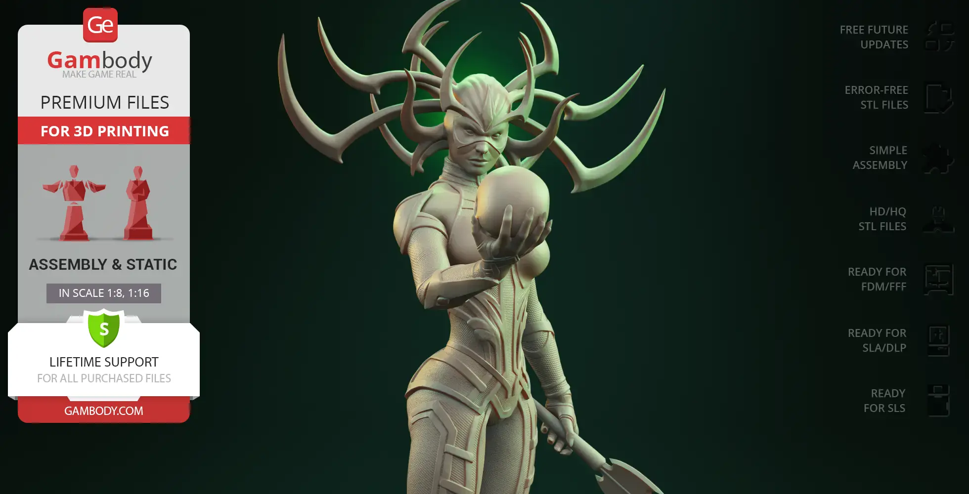 A detailed 3D model of a figure with antler-like headpiece, holding a sphere, designed for 3D printing.