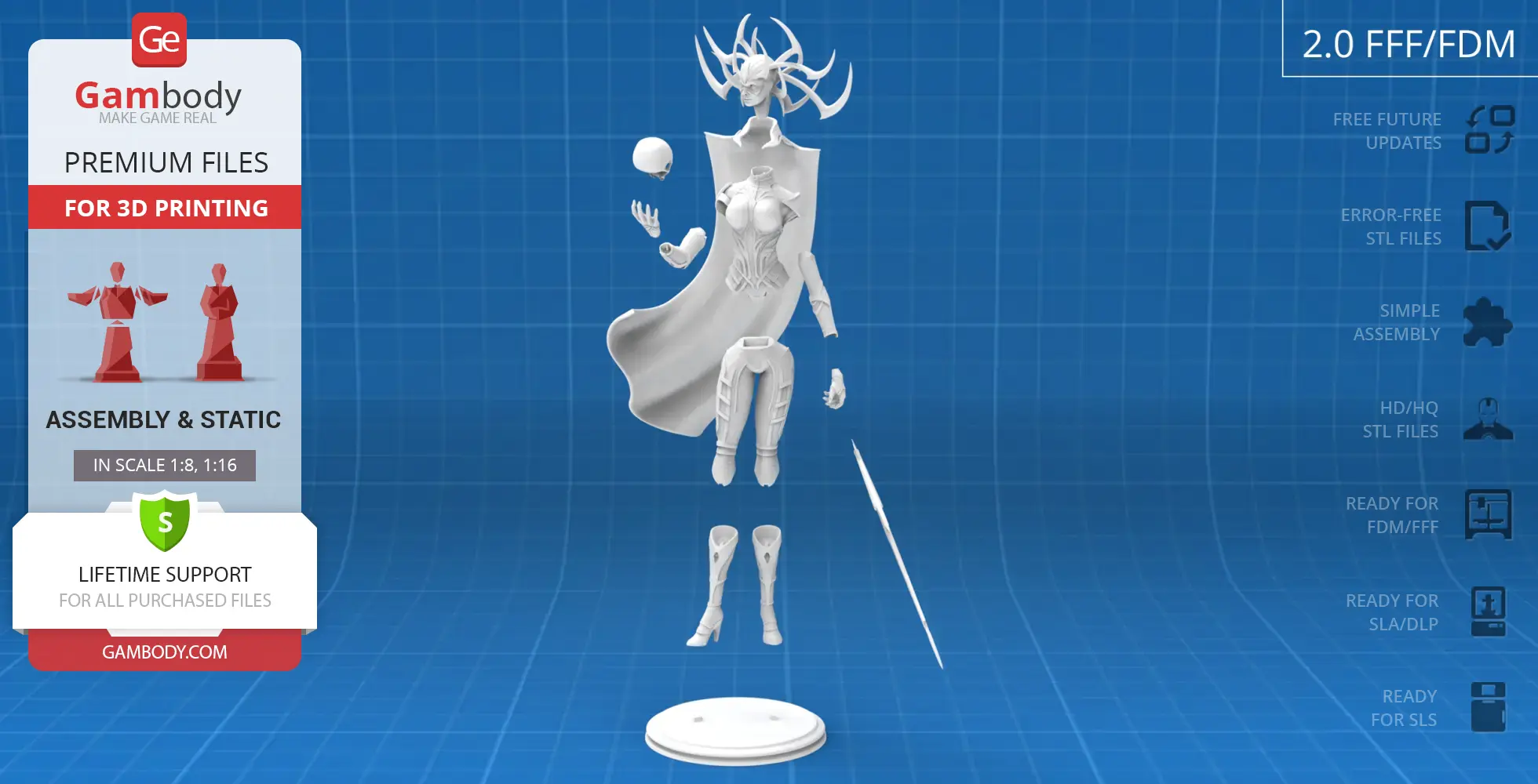 Exploded view of a 3D print model of Hela, featuring armor and a cape, ready for assembly.