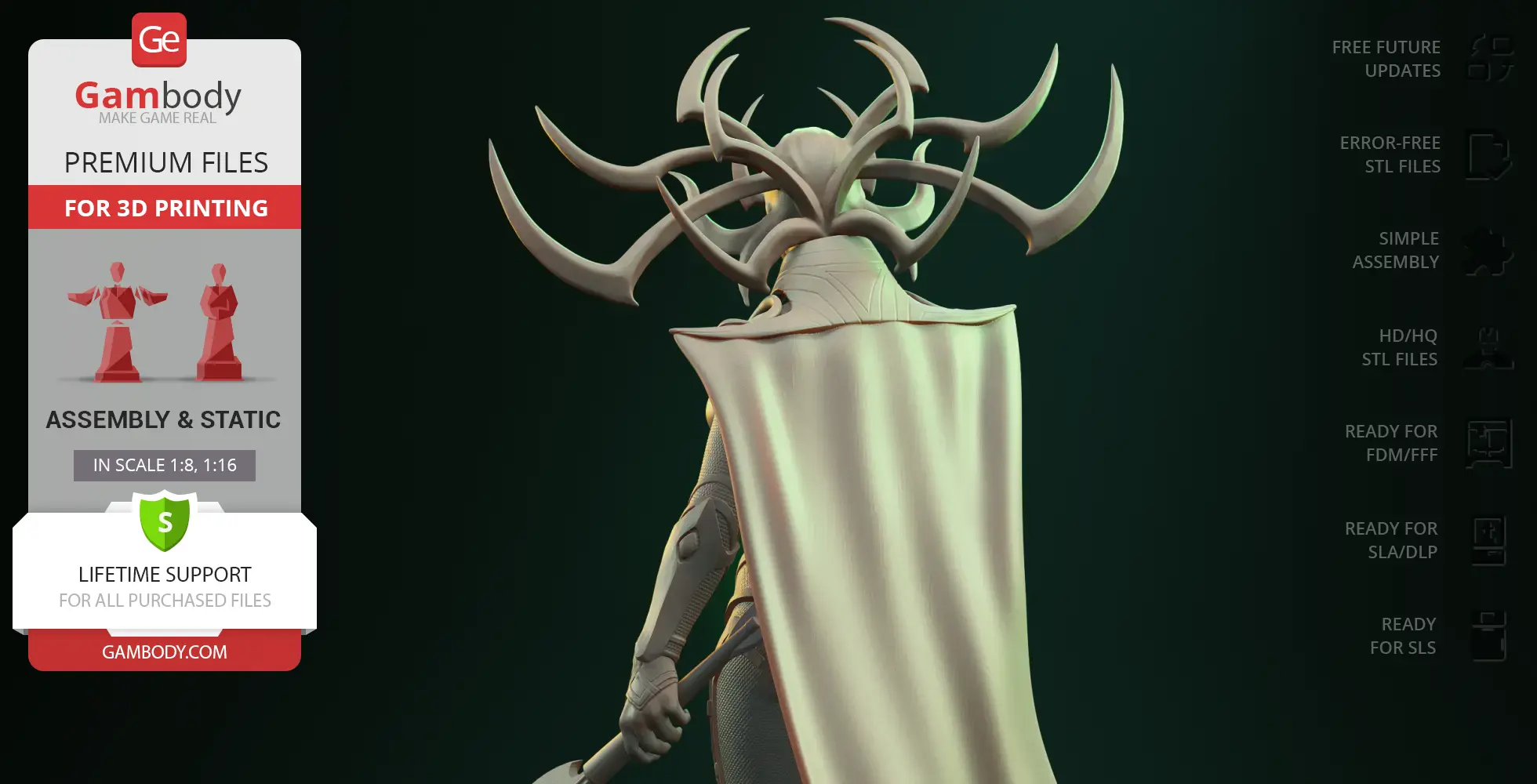 3D model of a character in a cloak with intricate, horn-like headpiece viewed from behind.