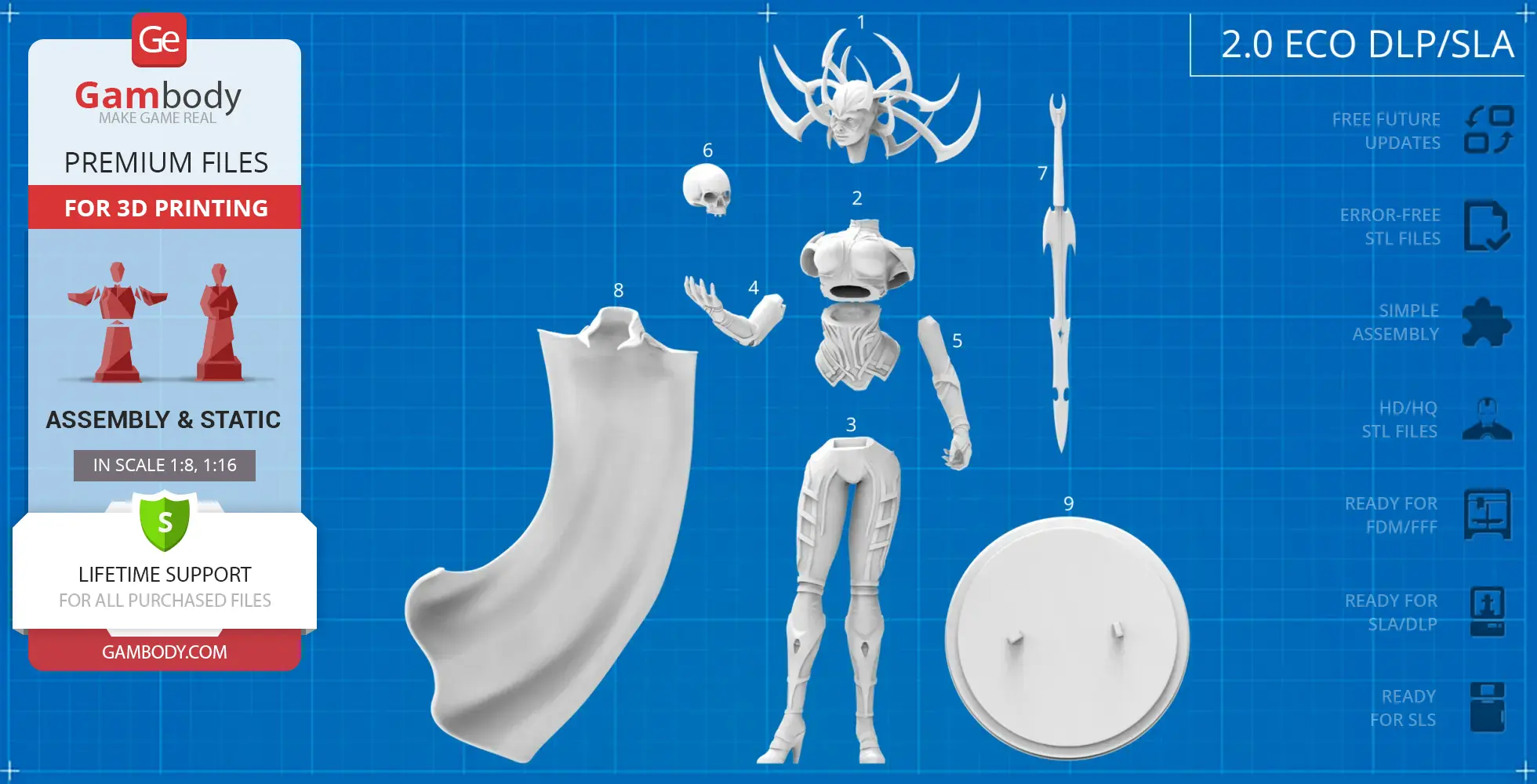 3D model parts for Hela, Goddess of Death: head, torso, limbs, weapon, cape, and base, on a blueprint background.