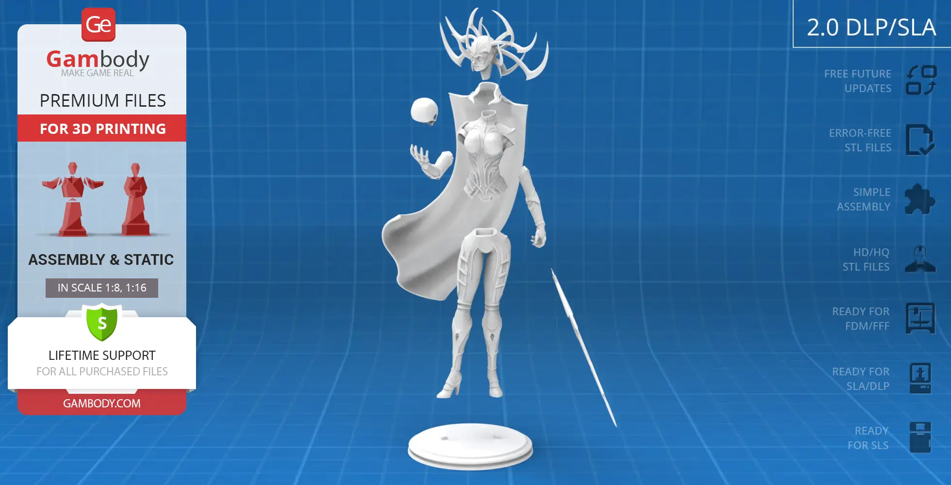 A detailed 3D model of a female figure with a horned helmet and cape, designed for 3D printing assembly.
