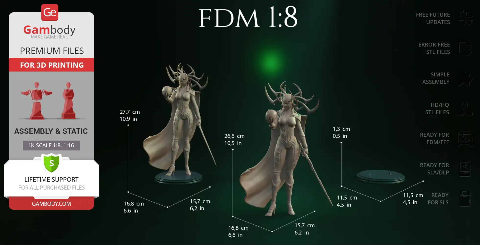 3D model of a horned warrior with a cape, holding a skull, designed for 3D printing by Gambody.