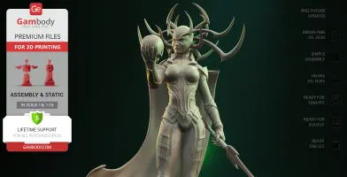 A 3D model of Hela with a horned helmet, holding a skull, wearing detailed armor and a cape.