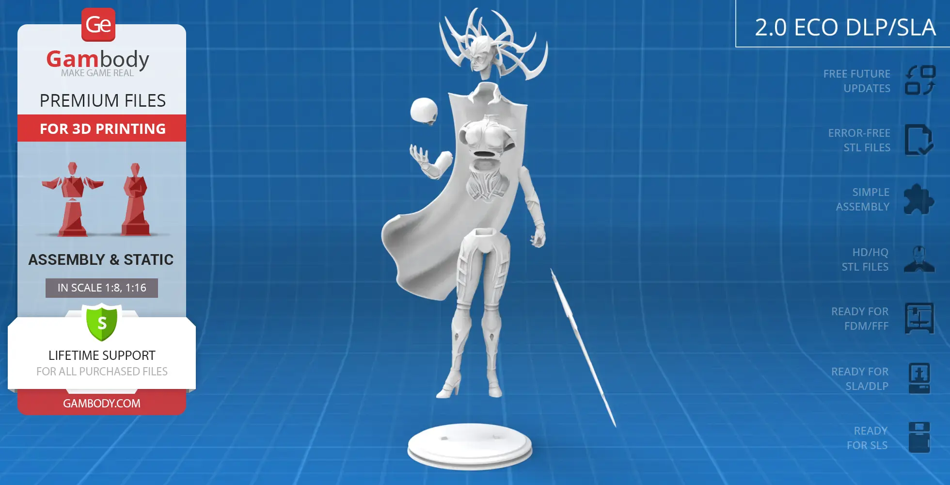 3D model of a figure with intricate armor and cape, floating pieces ready for assembly.