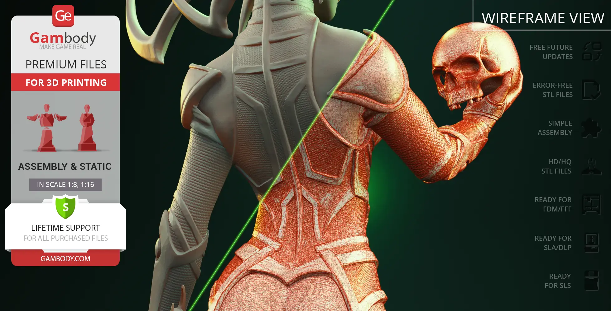A detailed 3D model of a figure holding a skull, with textured armor and a wireframe view shown.