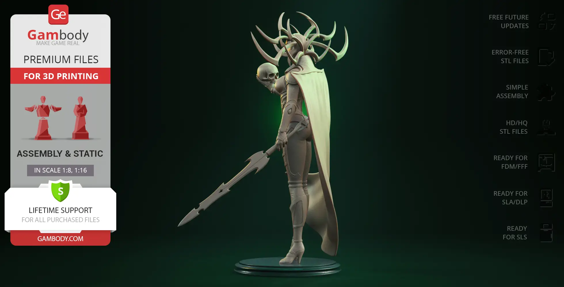 A detailed 3D model of a warrior woman with antlered headgear, holding a spear, and wearing a cape.
