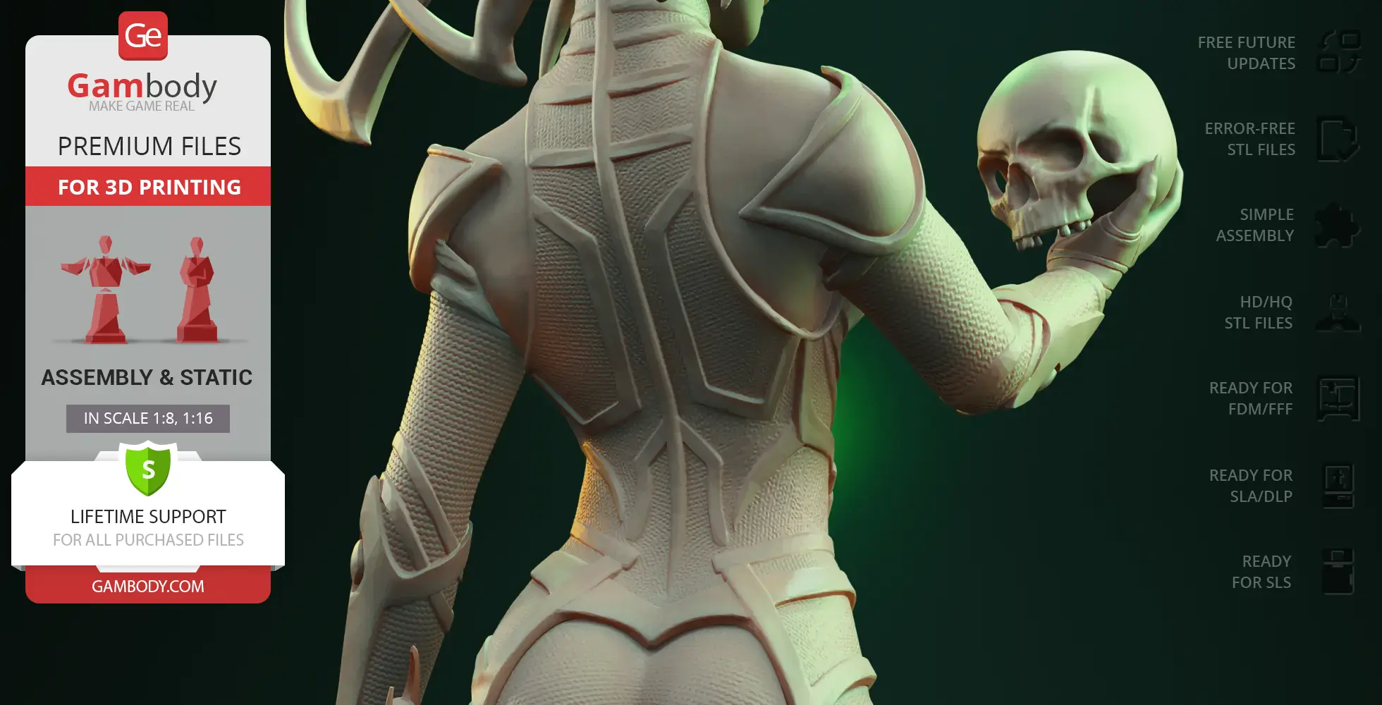 A detailed 3D model of a character holding a skull, designed for 3D printing.