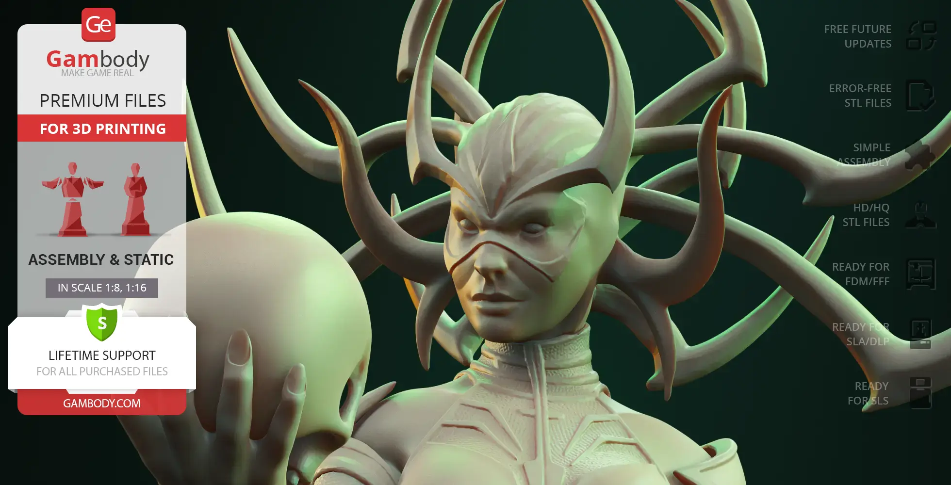 A detailed 3D model of a character with an elaborate horned headdress, holding a skull.