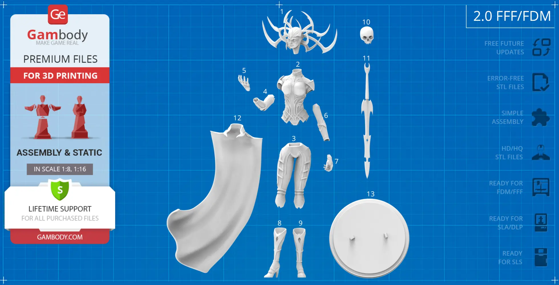 3D model parts for Hela character assembly: headpiece, torso, limbs, cloak, weapons, and base, arranged on blue grid.
