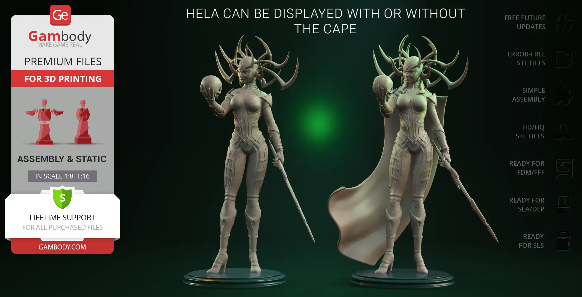 3D model of a character with antler-like headpiece, holding a staff and skull. Includes optional cape.