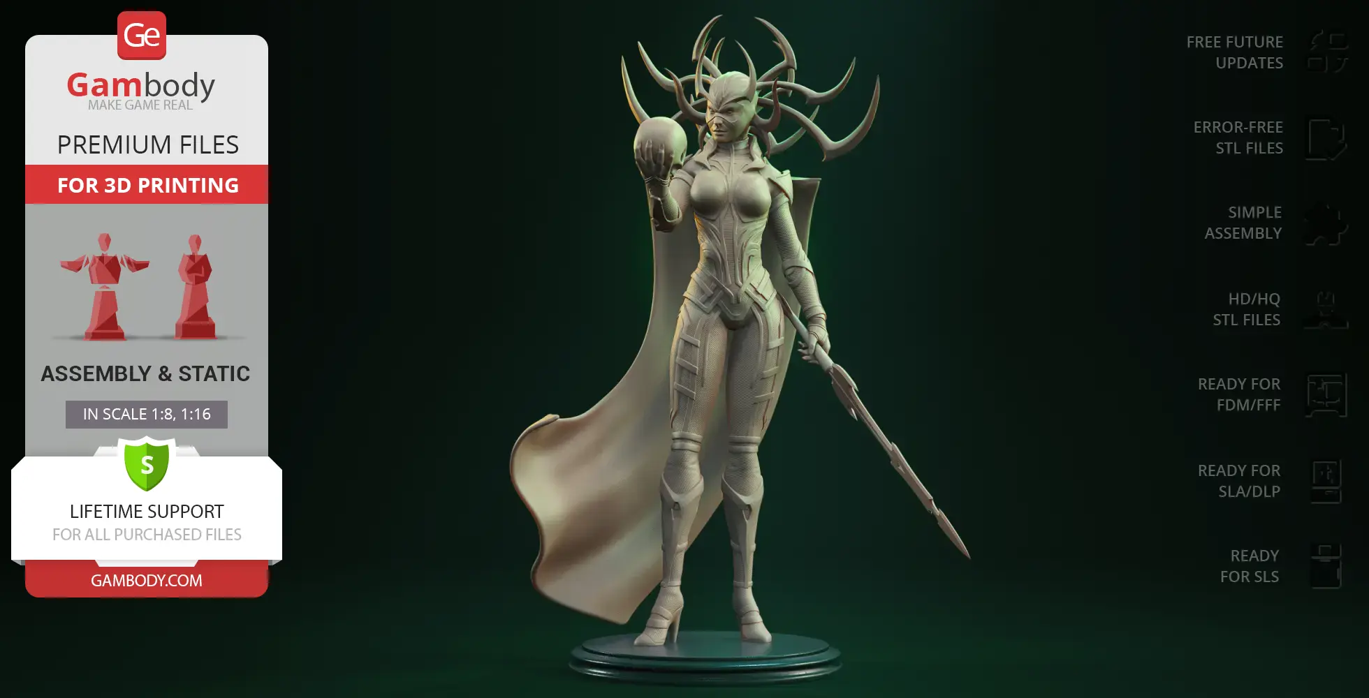 A 3D model of a horned female figure holding a sphere, wearing armor and a cape.