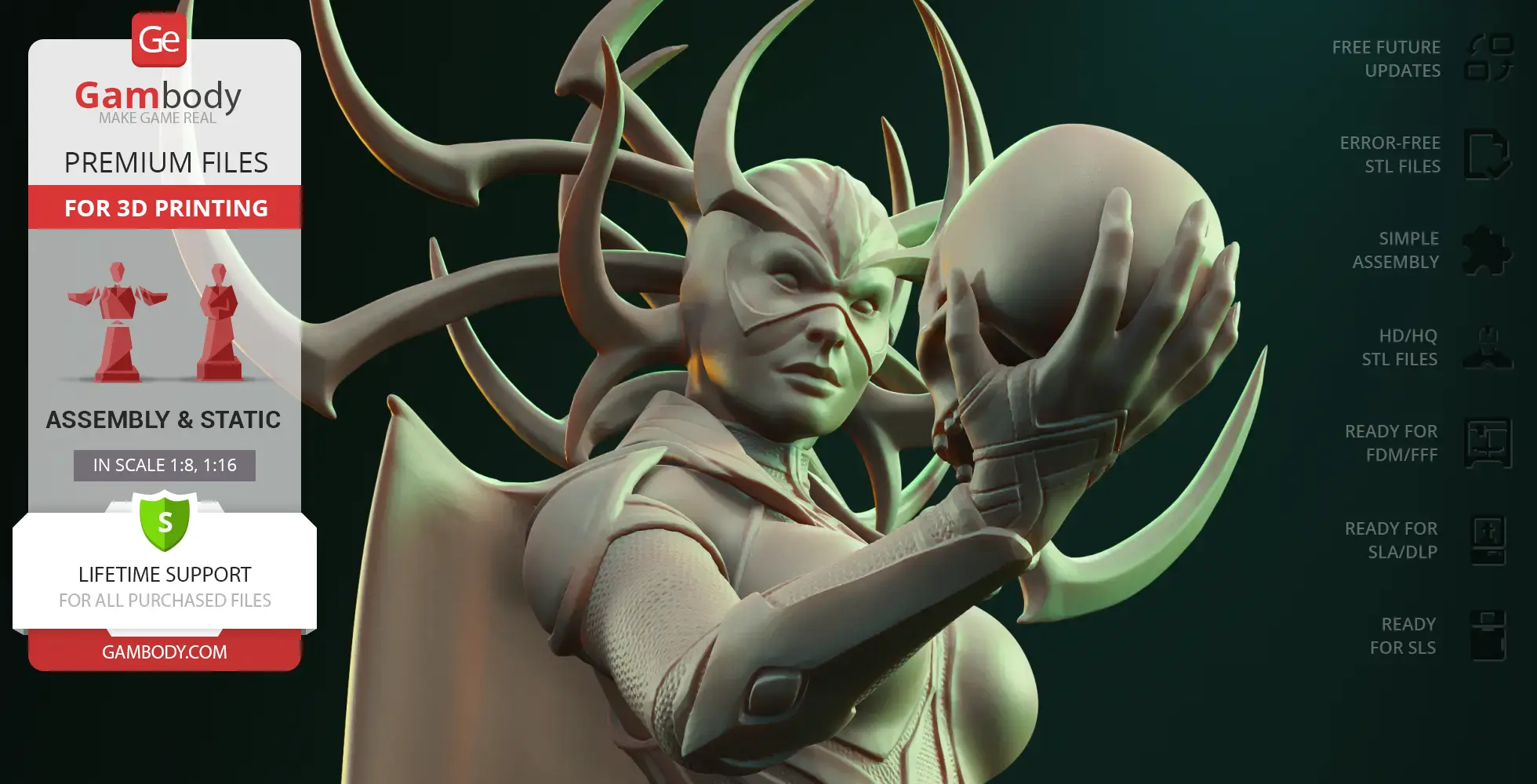 A 3D model of a horned figure holding a sphere, designed for 3D printing by Gambody.