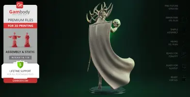 A 3D model of a figure holding a skull, with intricate antler-like headgear and a flowing cape.