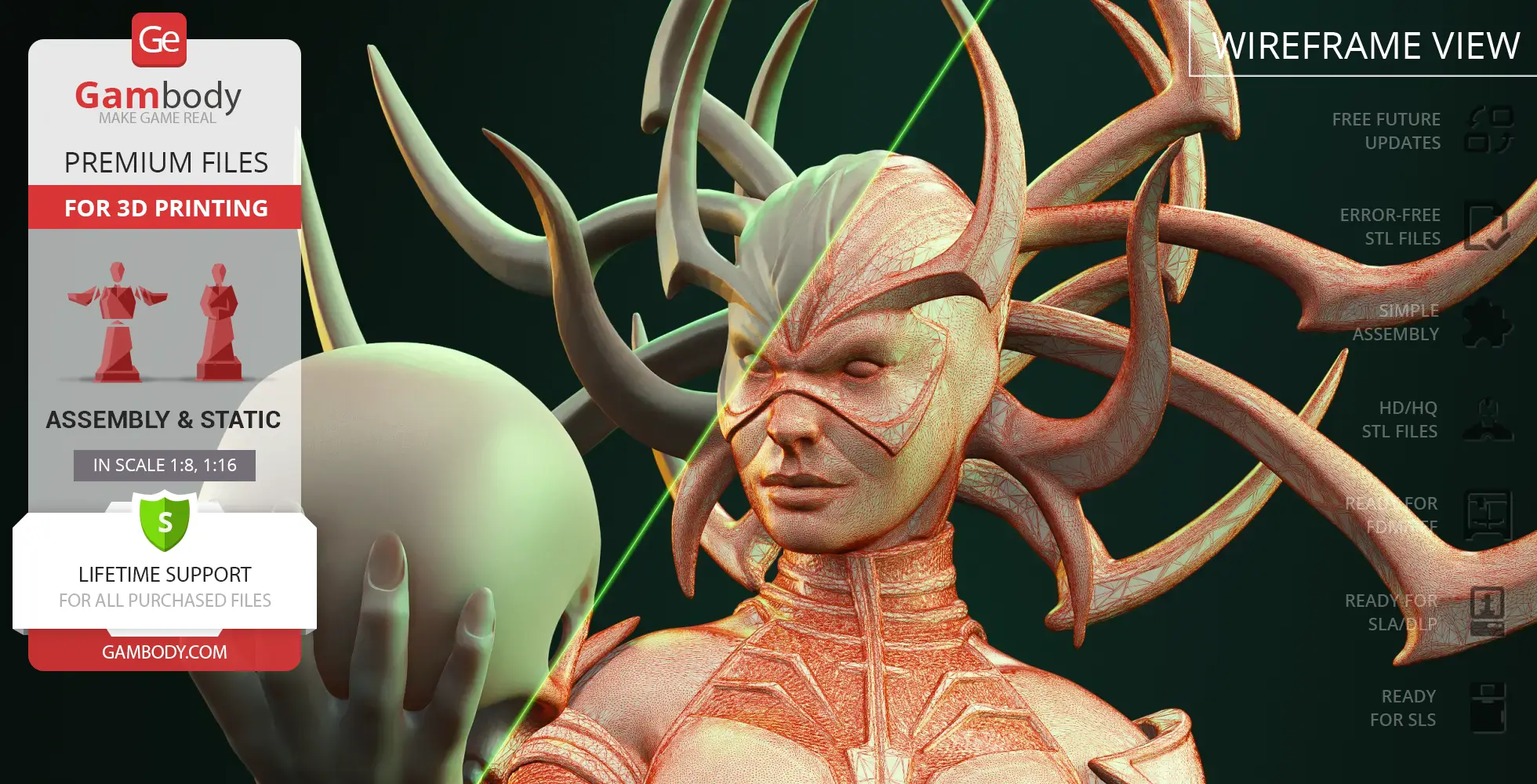 A 3D model of a woman in intricate, horned armor, holding a sphere. Wireframe details visible on half.