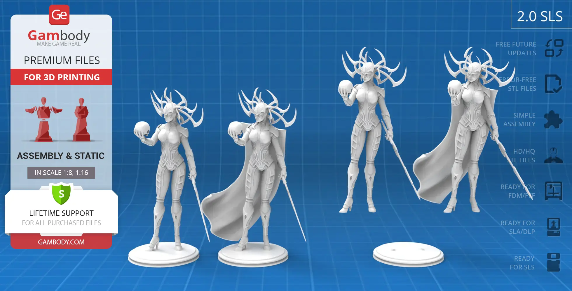 Four 3D-printed models of a horned female figure in armor with a cape, holding a skull.