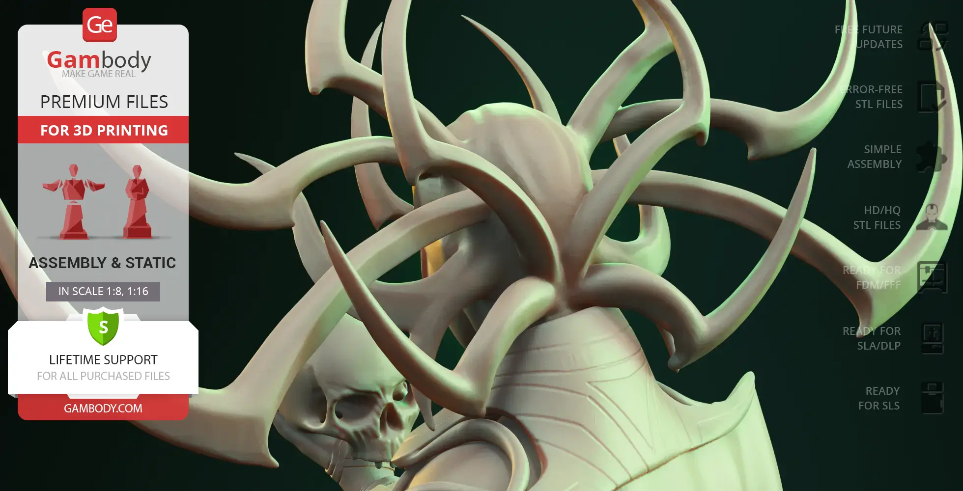 3D model of a character with intricate, horn-like headpiece and visible skull detail, ready for printing.