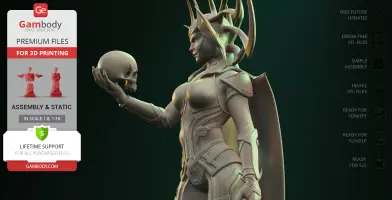 A 3D model of a dark-armored figure holding a skull, featuring elaborate horned headdress.