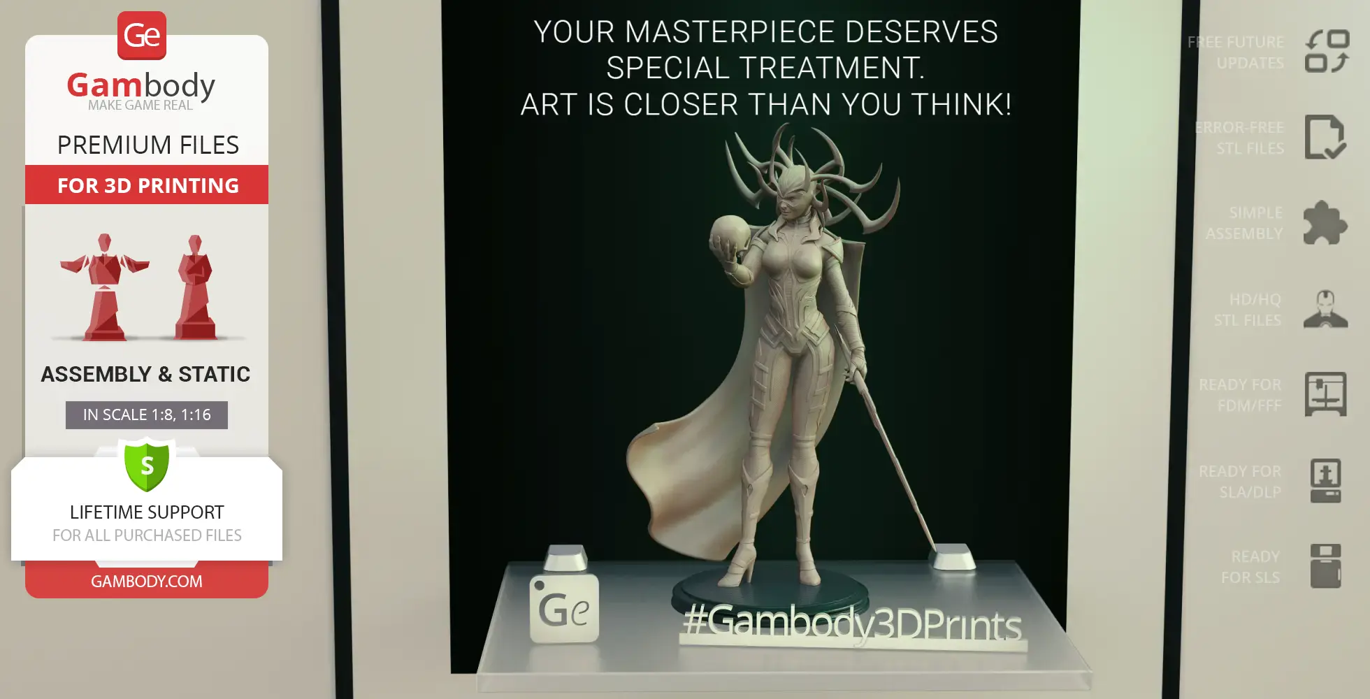 3D model of a woman with elaborate headpiece, holding a staff and skull, designed for 3D printing.