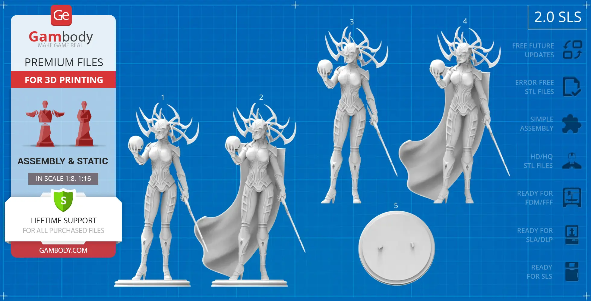 A 3D model of a female character with a horned helmet, cape, holding a skull and sword, on a display base.