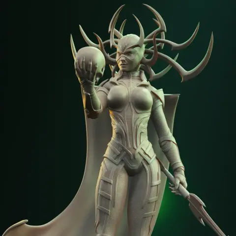 A warrior in ornate armor and helmet, holding a spear and spherical object, with a flowing cape.