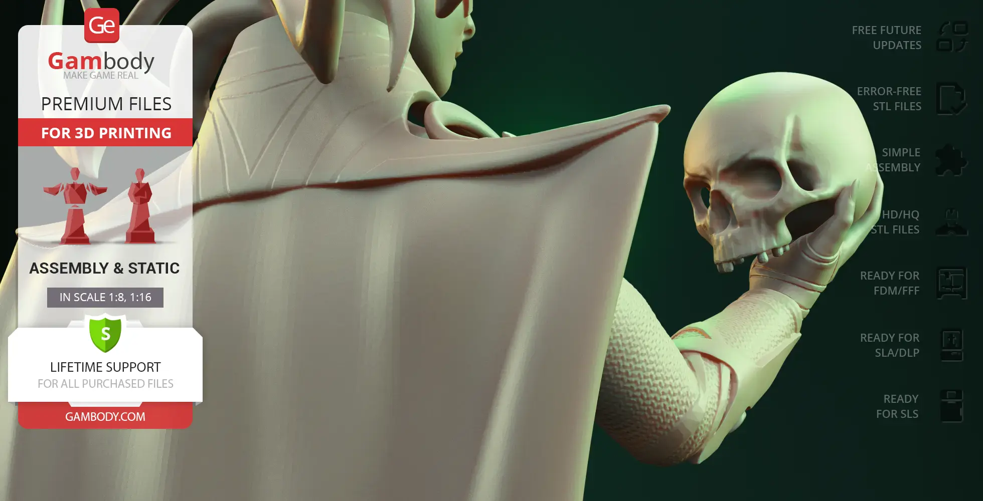 A 3D model depicts a figure in a cloak holding a skull, designed for 3D printing.