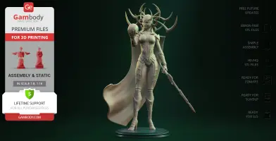 A 3D model of a horned female figure holding a sphere, wearing armor and a cape.