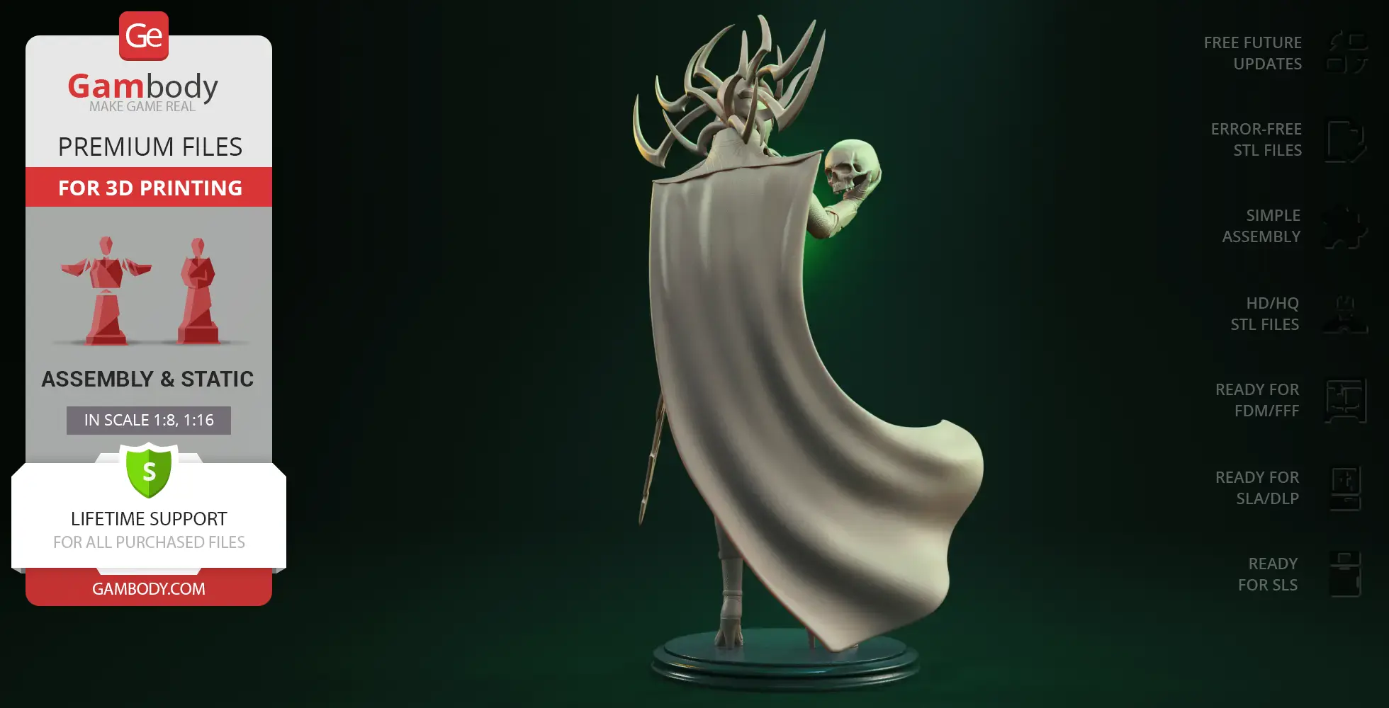 A 3D model of a figure holding a skull, with intricate antler-like headgear and a flowing cape.