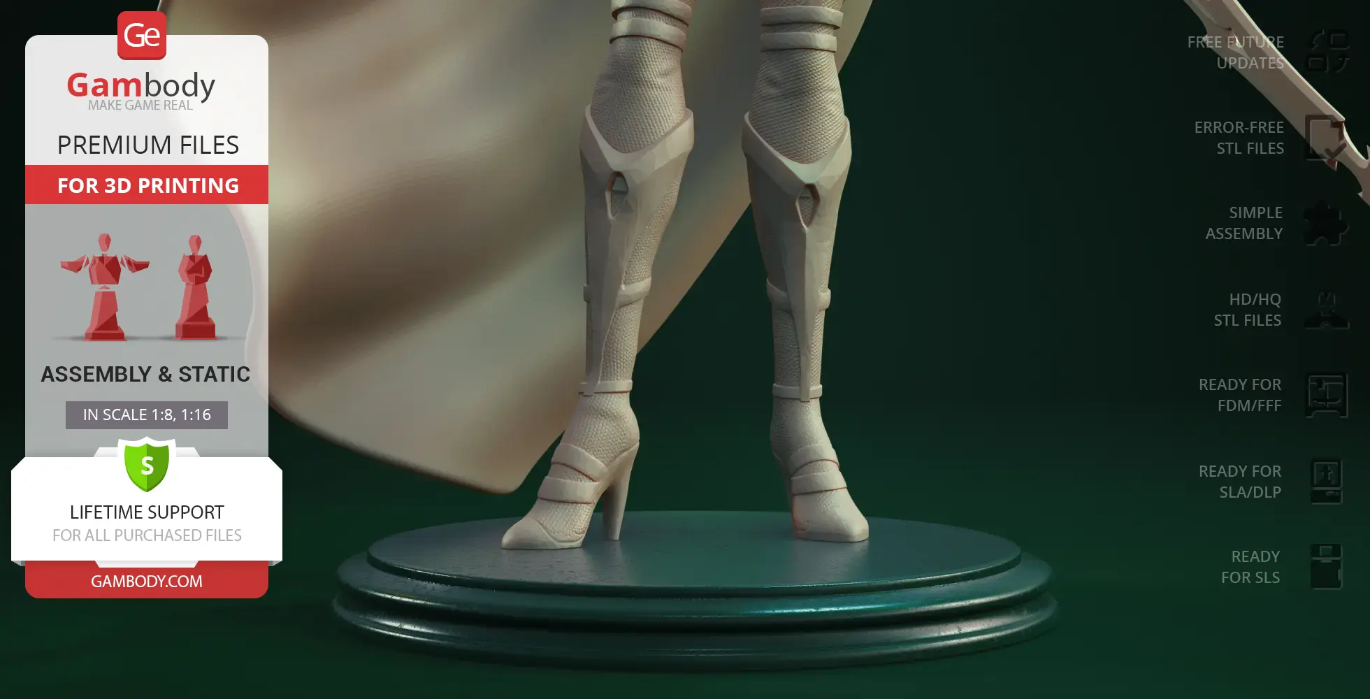 A 3D print model showing the legs and base of a character in detailed armor, ready for printing.