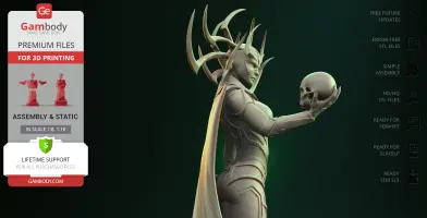 A detailed 3D model of a figure holding a skull, wearing ornate armor and an elaborate horned helmet.