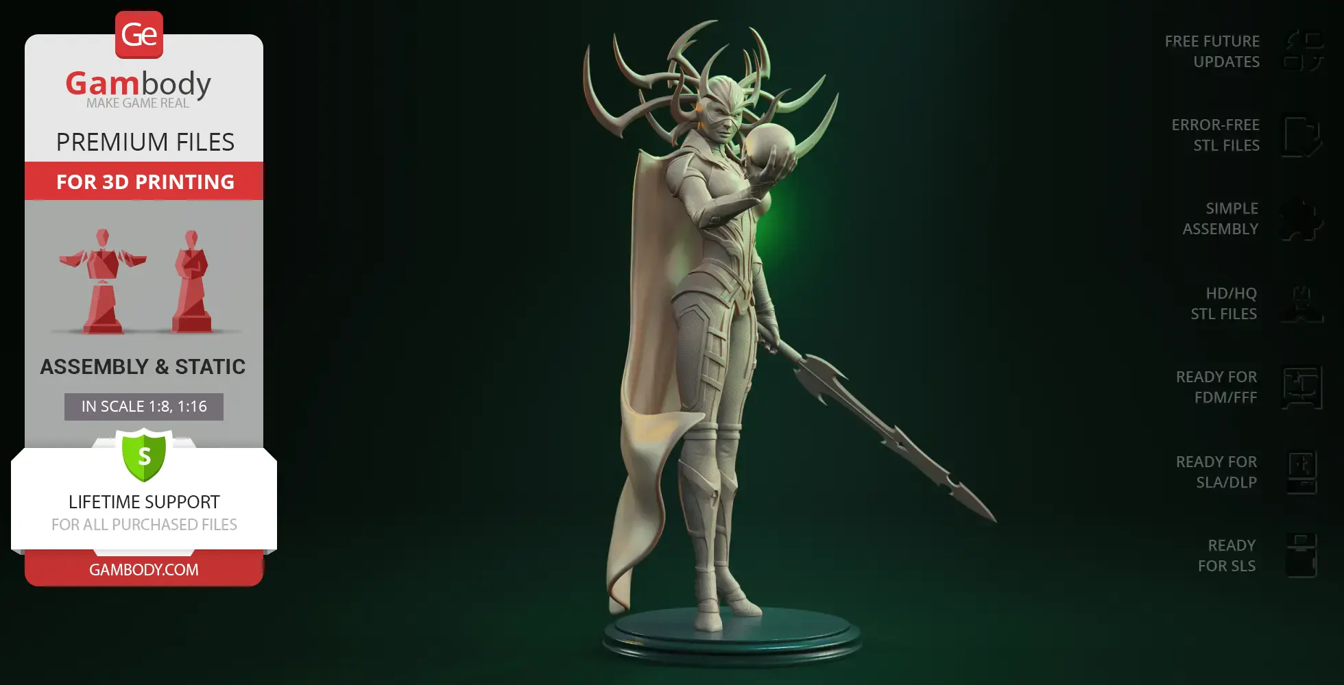 A detailed 3D model of a warrior with antler-like headdress, holding a spear and orb, in a dynamic pose.