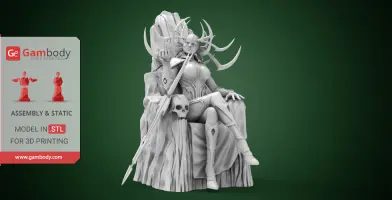 A regal figure with antler-like helmet sits on a throne, holding a staff, designed for 3D printing.