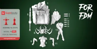 3D print model parts of Hela on a throne, including throne, armor, helmet, and limbs, displayed for assembly.