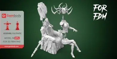A 3D model of a figure with antler-like headpiece sitting on a throne, designed for 3D printing assembly.