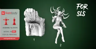 A 3D printable model of a throne and a character with antler-like adornments, seated.