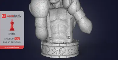 3D model of a muscular bust with boxing gloves on a decorative base, designed for 3D printing.