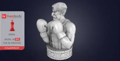 3D bust of a boxer with a mustache, in gloves and trunks, ready for printing.