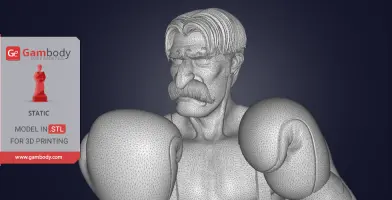 3D bust model of a boxer with a large mustache wearing boxing gloves, in a wireframe style.