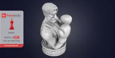 Boxer bust with slicked hair, mustache, and boxing gloves on a decorative base, ready for 3D printing.