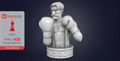 A muscular boxer bust with a mustache, wearing gloves and suspenders, ready to print.