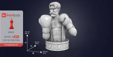 A muscular boxer bust with gloves and a mustache, standing on a decorated circular base.