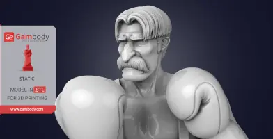 A 3D printed bust of a mustached boxer with gloves, designed for printing, by Gambody.