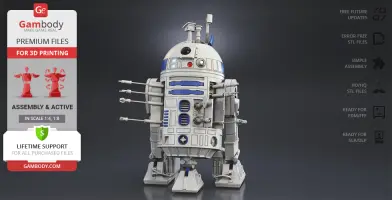 A detailed 3D model of R2-D2 for printing, featuring intricate parts and assembly options.