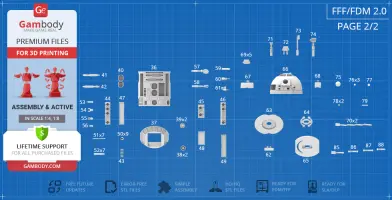 Blueprint with labeled R2-D2 3D printing parts layout on a grid background.